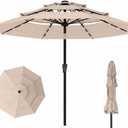 10ft 3-Tier Patio Umbrella with 32 Solar Powered LED Lights, Windproof Outdoor Market Umbrella for Deck, Poolside & Garden, Sturdy Push-Button Tilt Table Umbrella, Beige