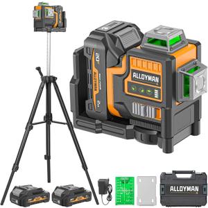 Alloyman Max 20V Laser Level with Tripod, 3x360 Self-Leveling Laser level, 3D Lazer Leveler Tool for Construction, Picture Hanging with Strong Magnetic Bracket & Hard Carry Case (Orange)