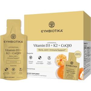 CYMBIOTIKA Liposomal Vitamin D3 + K2 + CoQ10 for Bone, Heart & Immune
Plant-based D3 with K2 MK-4 & MK-7 plus CoQ10 for immune & bone support. Enhanced absorption. Tangerine, 28 packets. Vegan.