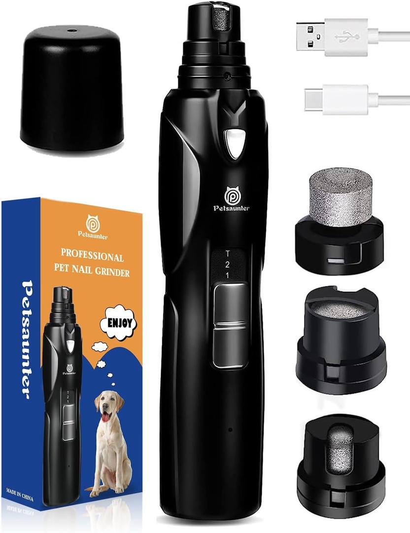 Petsaunter Dog Nail Grinder, 2-Speed and LED Light, Touch-Switch, TypeC, Quiet and Low-Vibration Dog Nail Trimmers, and 3 Ports for Large Dogs, Medium, Small Dogs Cats Pets with Hard or Thick Nail (Black)