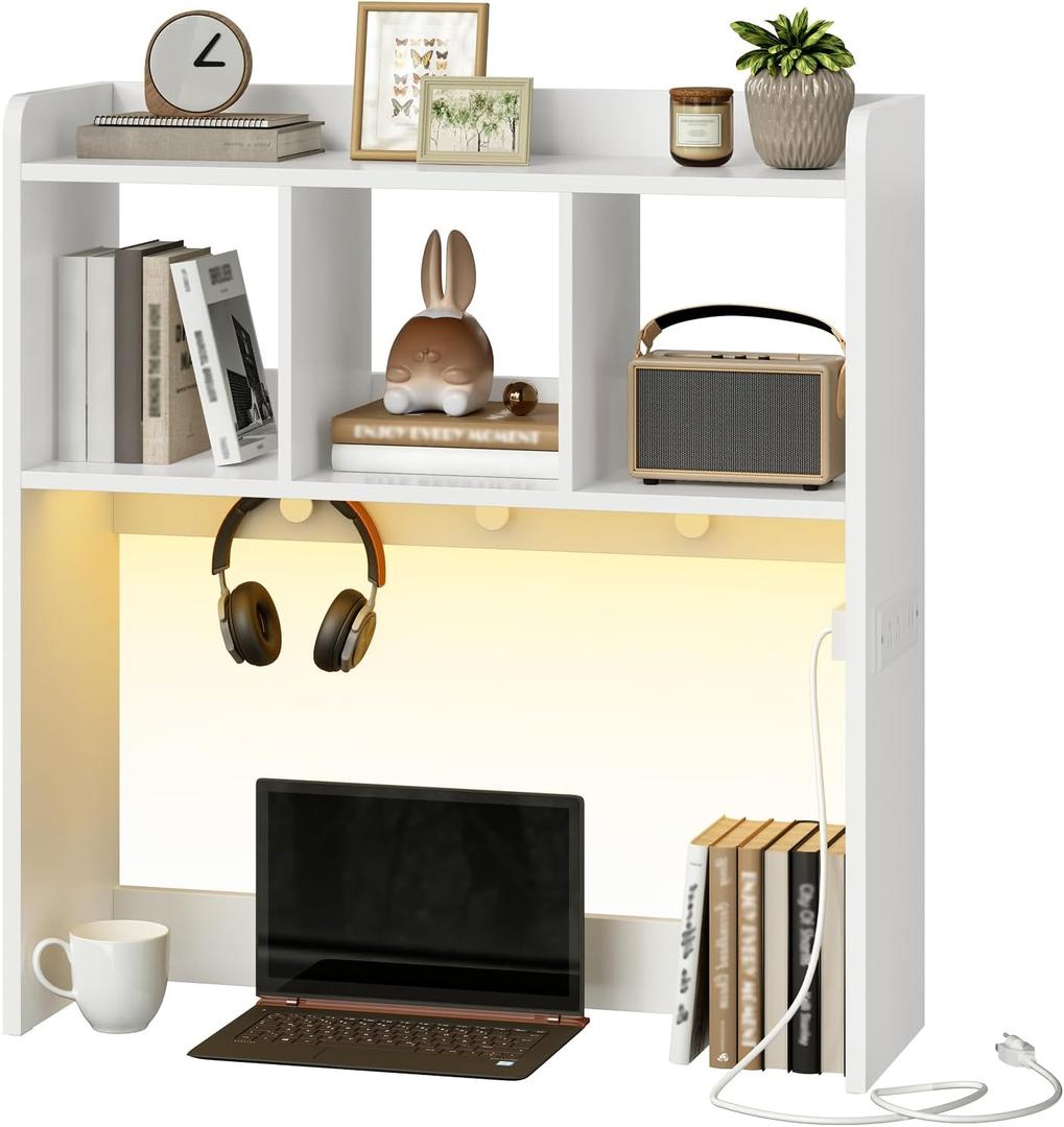 HOOBRO Desktop Bookshelf, Office Desktop Shelf, Desk Hutch with Outlets, Wooden Office Desktop Bookcase, Desktop Organizer Shelf with LED Light Strip and 3 Hooks, for Home, Study, White WT12UDSJ01