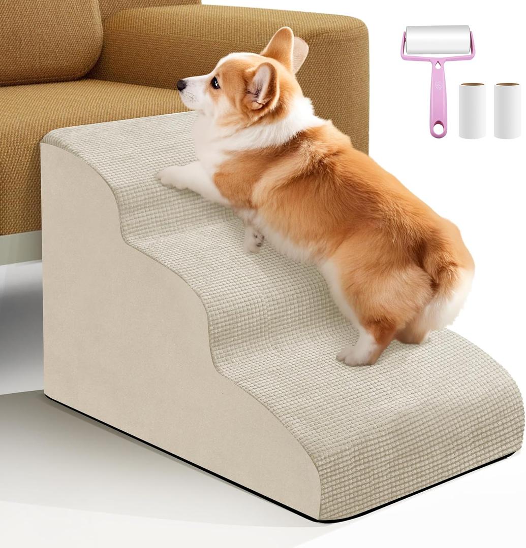 Dog Ramp 3 Steps for Small Dogs and Cats Straw Yellow, Pet Stair for Sofa and Bed Non-Slip Foam Dog Steps with Removable Washable Cover, Send Lint Sticky Roller Set
