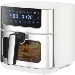 Sweetcrispy 6.34QT Air Fryer, 8-in-1 Air Fryers Oven with Visible Window, 400 Fast Heating, Nonstick Dishwasher-Safe Basket, Timer & Auto-Off, Stainless Steel, White