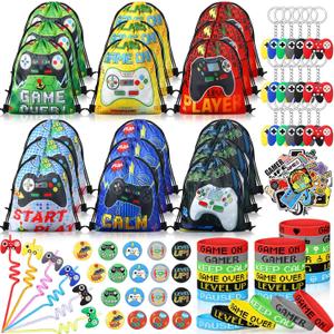 Sadnyy 140 Pcs Gaming Party Favors Video Game Birthday Decorations Supplies Drawstring Bags with Silicone Bracelets Keychains Straws Button Pins Stickers for Party Rewards Goodie Bags Stuffers