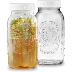 Wide Mouth Mason Jars 64 oz - (2 Pack) - Wide Mouth 64-Ounces Half Gallon Mason Jars with White M.E.M Food Storage Plastic Lid. For Storage, Pickling, Leak Proof, Microwave & Diswasher Safe