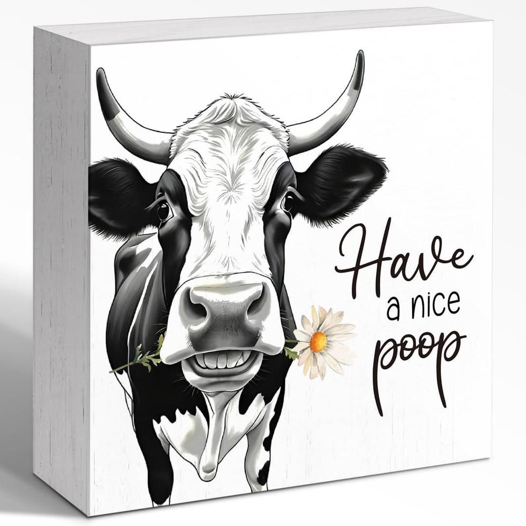 Have A Nice Poop Cow Wooden Box Sign, Playful Rural Humor Restroom Decor 5x5x1 INCH Sign, Farmhouse Bathroom Decor For Country Style Homes