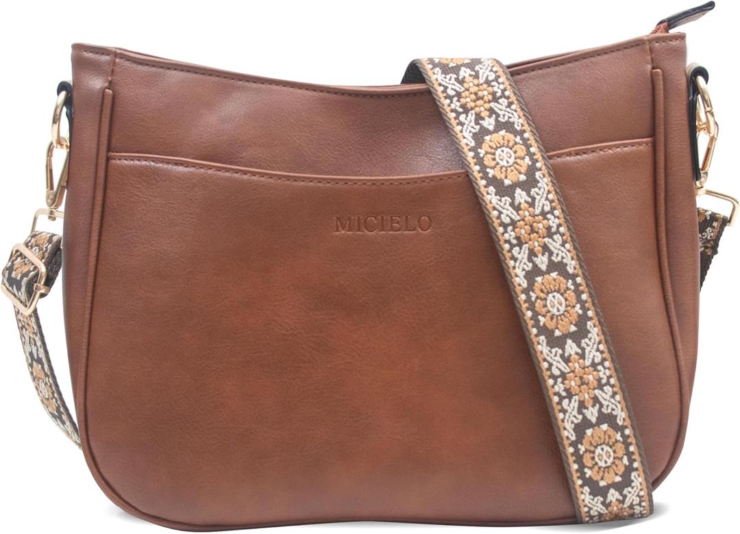 Vegan Leather Crossbody Bags for Women, Medium Cross Body Purse with Wide Adjustable Strap LightWeight (Brown)