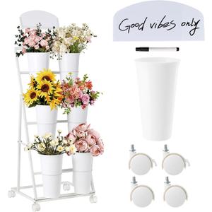 Flower Stand with 6 Buckets Suitable for Flower Bar, Indoor Outdoor Celebration Events, Flower Cart Display Stand Equipped with a Blackboard and Wheels (White)