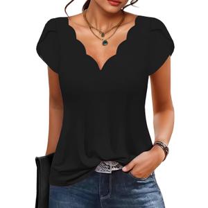 Womens Summer Tops Seashell Edge V Neck Shirts Petal Short Sleeve Top Dressy Casual Tunic Blouses (Black, L)
