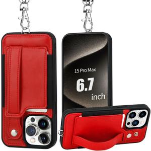 TOOVREN Phone Cover Compatible with iPhone 15 Pro Max Case with Wallet Strap Card Holder Stand Leather Cover Fits iPhone 15 Pro Max Wallet Case Lanyard for Women & Men 6.7 Inch Red