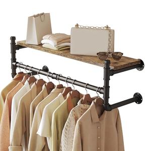 OLDRAINBOW Industrial Pipe Clothing Rack with Shelves,Wall Mounted Clothes Rack with Shelf with Hanging Rod,30'' Pipe Shelving Floating Shelves Garment Rack