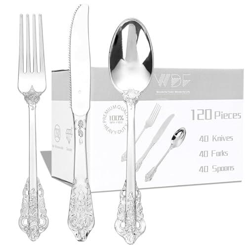 WDF 120PCS Silver Plastic Silverware - Heavy Duty Silver Plastic Cutlery Set - 40 Forks, 40 Spoons, 40 Knives, Perfect for Parties Weeding Baby Shower Spring