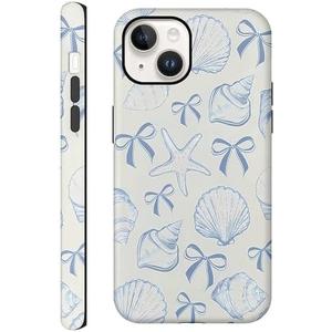 CAINAT Aesthetic Cases for iPhone 15 Plus/14 Plus, Blue Bow Seashell Design, Hard Hybrid 2-Layer Protective Cover for Women Girls