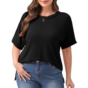 Plus Size Short Sleeve Tops for Women Crewneck Ribbed Knit High Low Hem Tunics Summer Casual T Shirts Black, 5X-Large