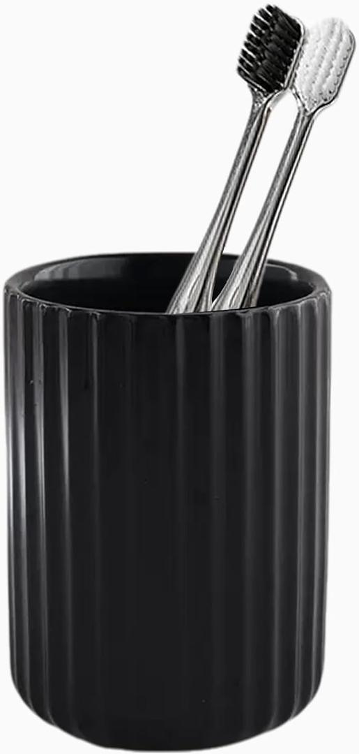 Ceramic Toothbrush Holder for Bathroom, Ceramic Toothbrush Cup, Toothpaste Organizer for Bathroom Countertop, Bathroom Storage Organizer (Black) 2.83"L x 2.83"W x 4.06"H