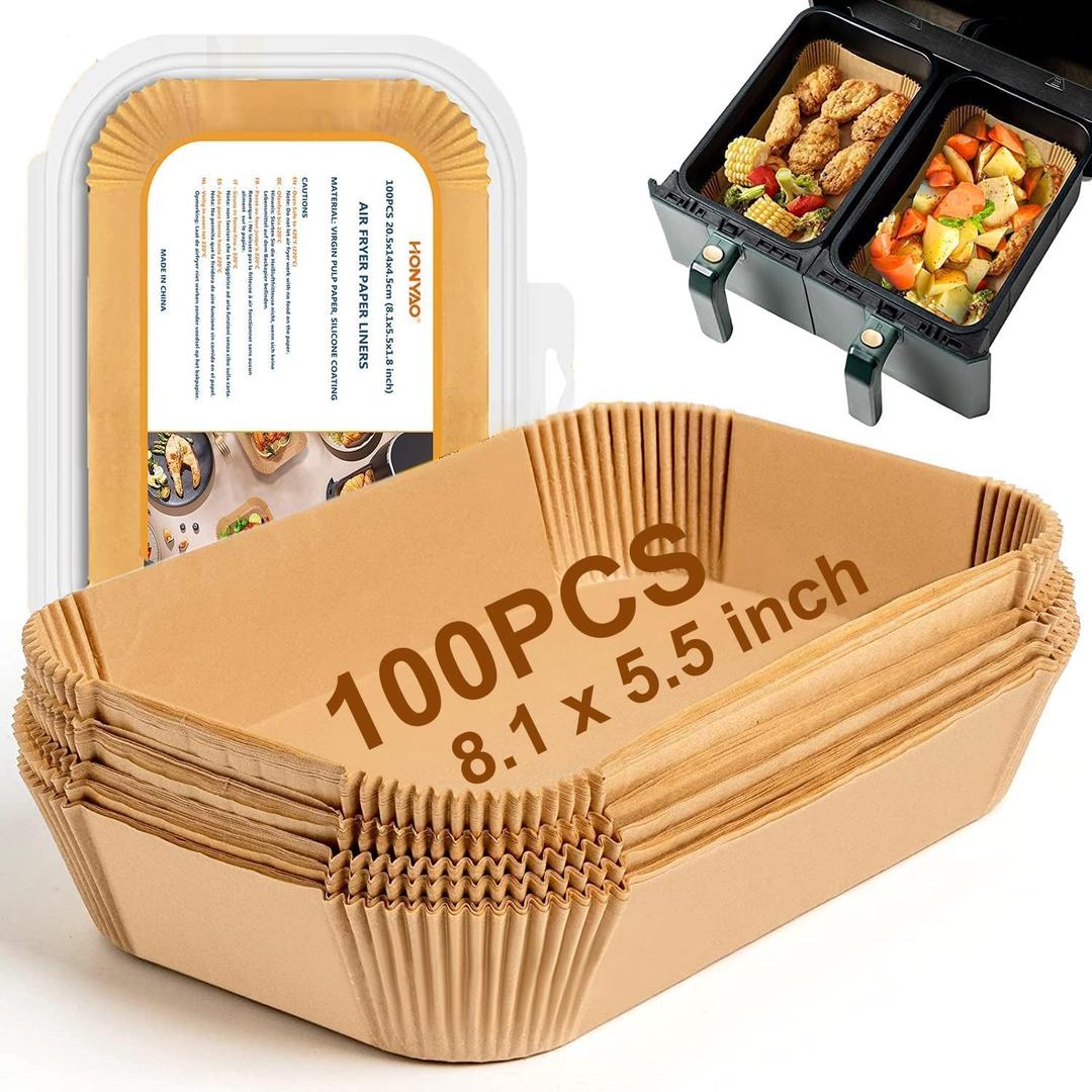 HONYAO Air Fryer Paper Liners for Dual Zone Airfryer, 8.1x5.5 inch Rectangle Disposable Baking Inserts for Ninja Foodi DZ201/401, 8-10 Quart Double Basket Food Grade Accessories BPA free
