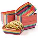 VELATYVIO 60 Pcs Mexican Taco Nights Paper Food Trays Mexican Fiesta Party Decorations Nacho Serving Boats Colored Striped Disposable Taco Plates for Popcorn Fries Cinco de Mayo Party Supplies