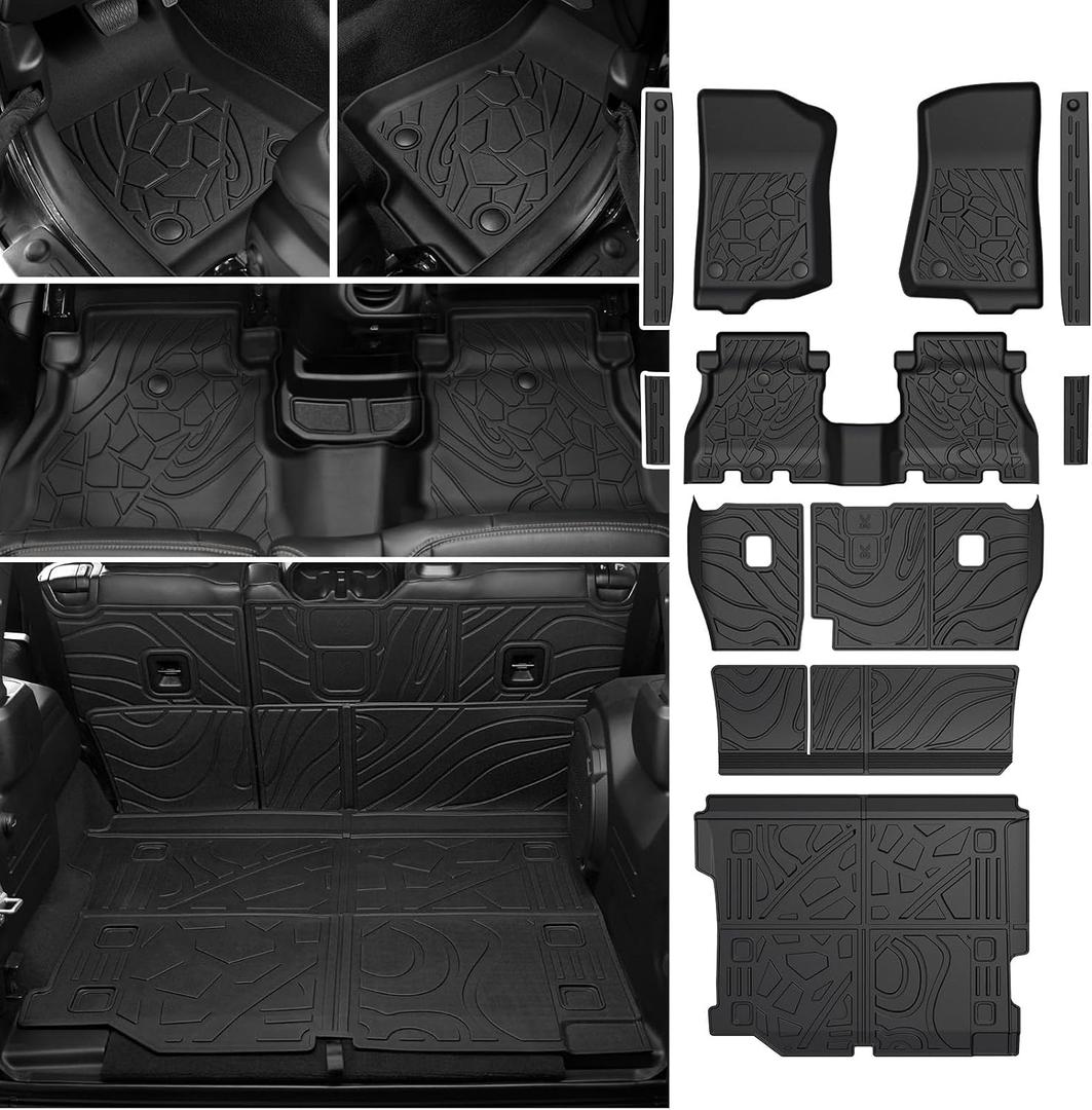 Floor Mats Set for Jeep Wrangler JL 2018-2025 2026 Unlimited 4-Door (Not fit JK/4XE/2-Door), All Weather TPE Backrest Mat Trunk Mat Cargo Liner Door Sill Guards Accessories (Floor Mats Set)