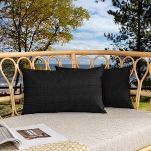 Kevin Textile Outdoor Waterproof Lumbar Pillow Covers 14x24 Inch Pack of 2 Checkered Decorative Rectangle Cushion Throw Pillowcases Shell for Patio Tent Garden Couch Bed Sofa Black