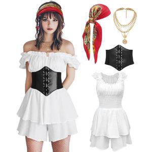 Womens Pirate Costume Dress Pirate Costumes Outfit for Women with Headscarf Corset Accessories 4PCS, Small