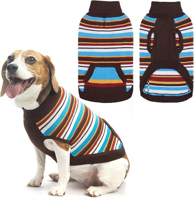 BINGPET Turtleneck Dog Sweater for Small Dogs Boy or Girl, Warm Knitted Pullover Pet Sweaters, Colorful Striped Puppy Sweater with Cute Pocket, Great Gift for Pet in New Year(Brown, XS)