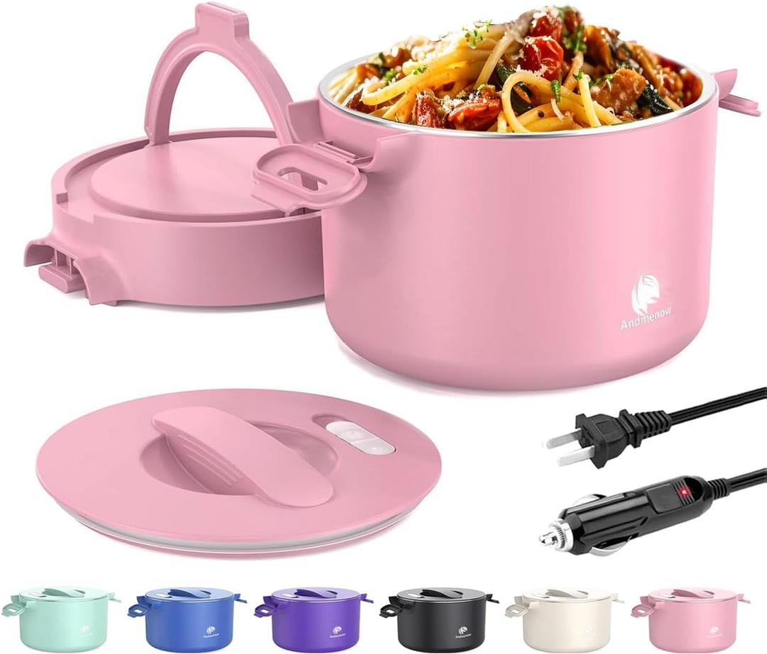 Portable Electric Lunch Box,Food Warmer Cooker,12/24/110V Heated Lunch Box for Car/Truck/Office- Ideal for Men & Women Gifts,100W Mini Portable Food Warmer Heater,Warming Soup & Meal,Smart Keep Warm (Pink)