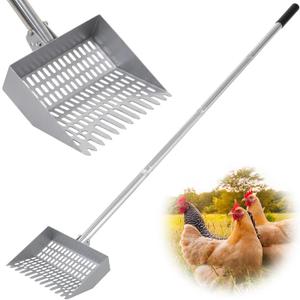 Chicken Poop Scooper Spring Steel Sifting Shovel with 3 Adjustable Angle, 38-66in Extendable Stainless Steel Handle, Professional Poultry Litter Cleaner for Chicken Coop, Duck, Goat & Sand