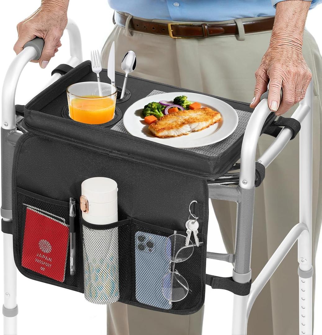 Rhino Valley Walker Tray for Folding Walker, Tray for Walkers with Non-Slip Mat for Food, 3 Front Pockets & 2 Cup Holders, Fits Most Standard Folding Walkers, Walker Accessories for Senior, Black