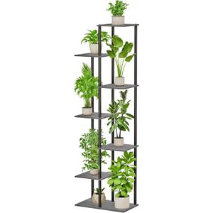 Plant Stand Indoor 7 Tier 8 Potted Metal Wood Plant Shelf, Multiple Flower Pots Corner Tall Plant Holder Stands for Living Room Balcony Bedroom, Oak Grey