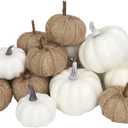 Fabric and White Pumpkins Assorted Size - 16PCS Burlap for Rustic Fall Decor, Perfect Halloween Thanksgiving Decoration Wedding
