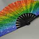 Raveahem UV Glow Rave Fan, Bamboo Folding Clack Hand Fan for Men Women (Glitter Rainbow, Large 13")