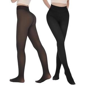 iceROSE Fleece Lined Tights Women - Sheer Black Thermal Leggings Thick Warm Pantyhose Fake Translucent Dress for Cold Winter, Size S/M