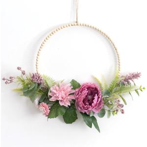 Weldomcor Peony Wreath for Front Door, Spring Summer Decor with Wood Bead Pink Dahlia Flower Eucalyptus Leaves Artificial Hoop Wreath for Home Wedding Wall Window Indoor Outdoor Hanging Decoration