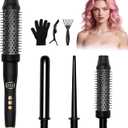 3 in 1 Curling Iron Set, Heated Round Brush for Straightening Curling Detangling, Ceramic Curling Wand for Versatile Styling, Dual Voltage Curling Iron Travel Friendly (Black)