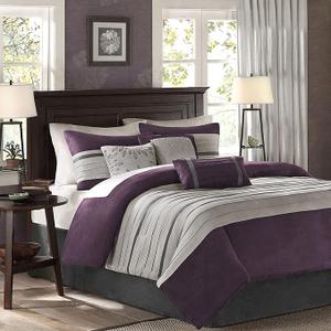 Madison Park Palmer Comforter Set - Faux Suede Design, Striped Accent, All Season Bedding, Shams, Decorative Pillow, Bed Skirt, Queen (90 in x 90 in), Purple 7 Piece