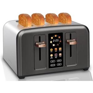 SEEDEEM Toaster 4 Slice, Stainless Toaster & Touch Control, LCD Display, 6 Bread Type, 7 Shade Settings, 1.5'' Wide Slots, Cancel/Defrost/Reheat, Removable Crumb Tray, 1800W, Dark Metallic (Grey)
