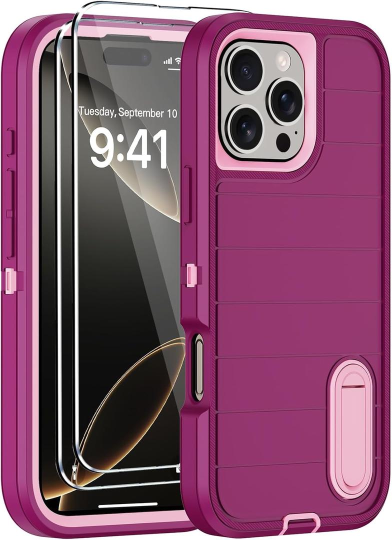 for iPhone 16 Pro Max Case with 2 Screen Protectors,Heavy Duty Shockproof Drop Protection Military Grade Tri-Layer Phone Cover with Built-in Invisible Kickstand for Apple 16 Pro Max (Purple)