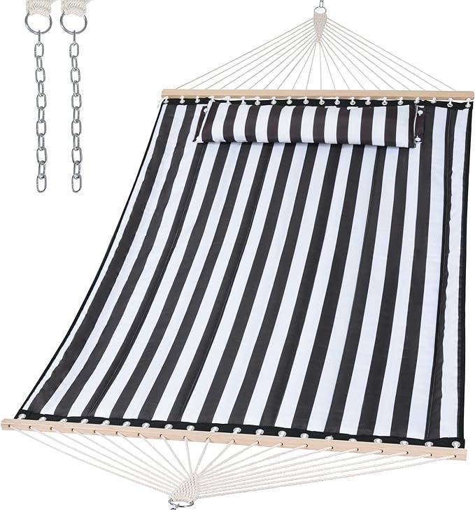 SUNCREAT Double Quilted Hammock, Black Stripes
Hardwood Spreader Bar, Extra Large Soft Pillow, Heavy Duty 2 Person, Indoor, Outdoor