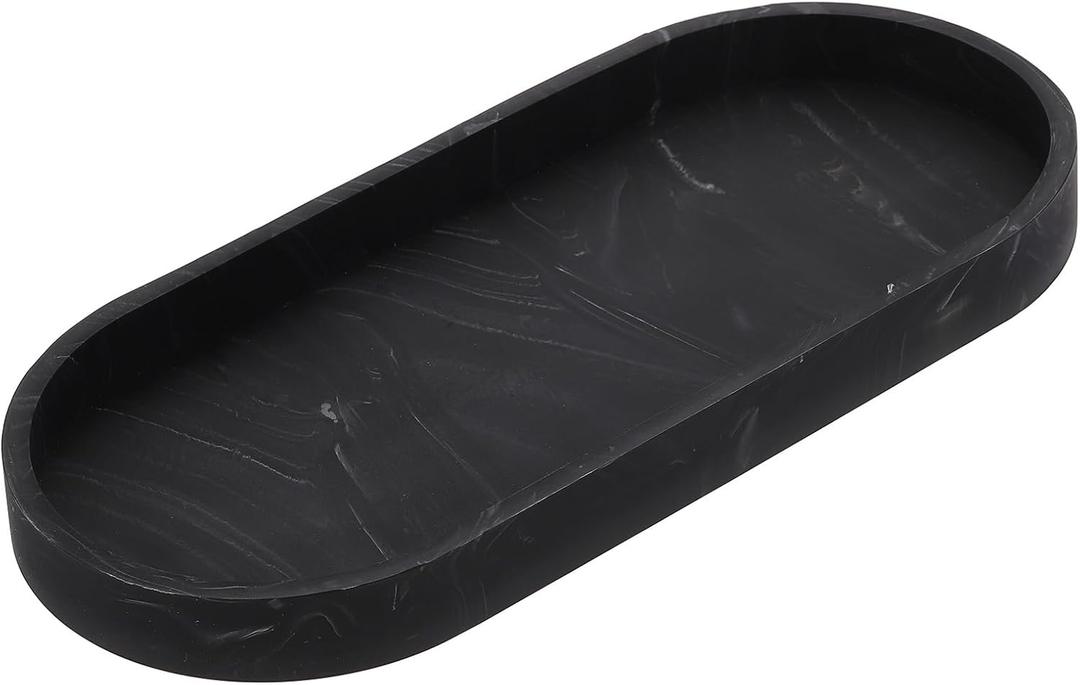 uxcell Bathroom Vanity Tray, 9.8" x 4" Oval Silicone Soap Dispenser Trays, Shatterproof Kitchen Sink Organizer for Soaps Keys Candle Trinket, Marble Black