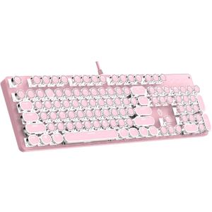 Typewriter Mechanical Gaming Keyboard with RGB Backlit Red Switches, 104 Keys Retro Round Keycap, Wired Typewriter Style Comfortable Typing Soud (Pink)