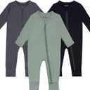 GUISBY Baby Pajamas with Mitten Cuffs - 3Pcs Girls Boys 2 Way Zipper Long Sleeve Rayon Sleepers (3-6 Months, Sliver Grey-black-green)