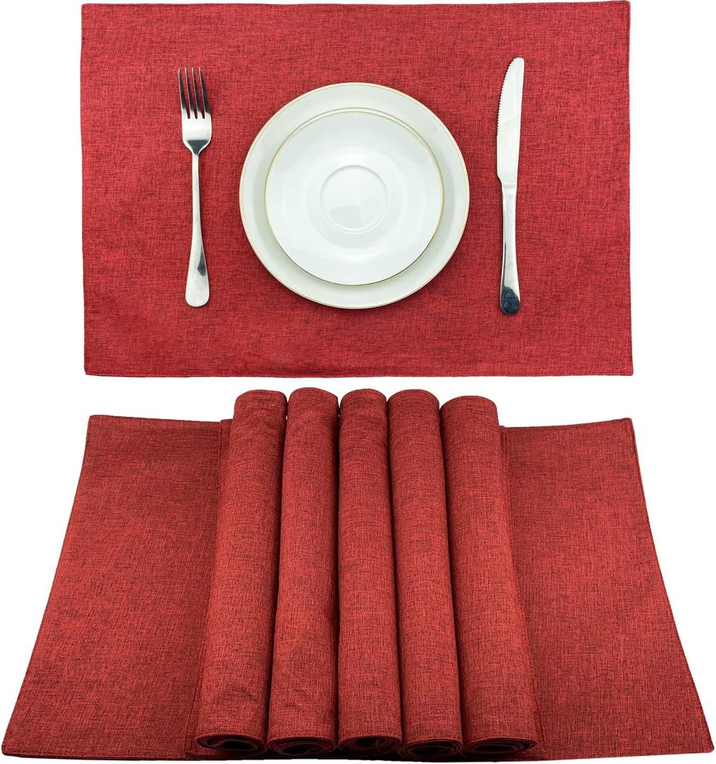 Weabetfu Cloth Placemats Set of 6 Heat Resistant Dining Table Placemmats Cotton Linen Machine Washable Kitchen Table Mats Wrinkle Free Thick Fabric Place Mat,Easy to Clean,13"x19",Burgundy