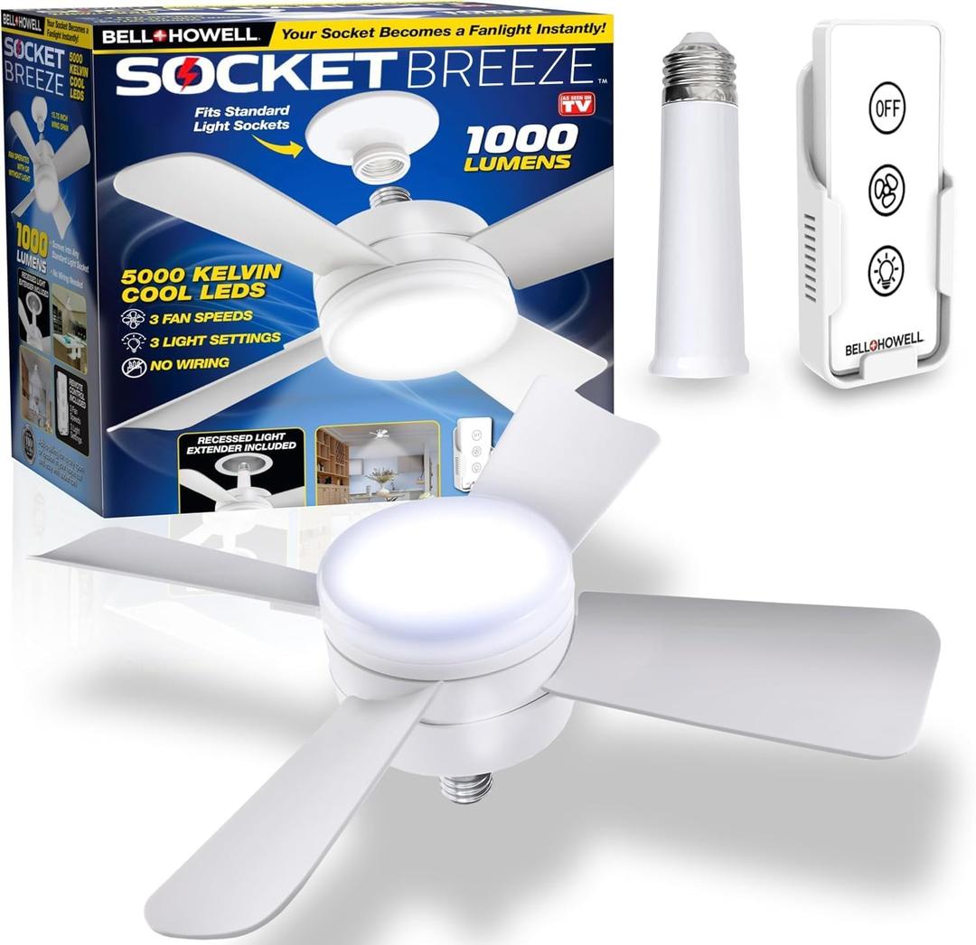 Bell+Howell Socket Breeze Modern Ceiling Fans with LED Lights, 10" LED E26/E27 Screw Base Mini Light Socket Fan with Cord for Bedroom, Living Room, Kitchen, Balcony (White)