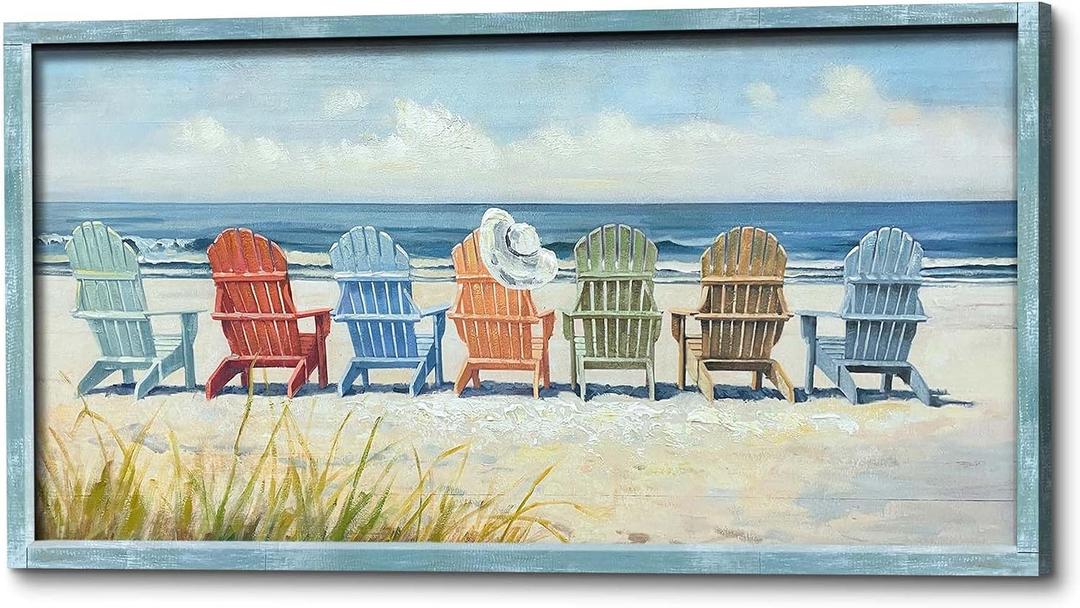Framed Coastal Wooden Wall Art: Beach Chair Painting Ocean Seascape for Living Room Seaside Home Decor, 40"L x 20"W
