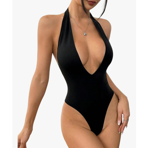 Milumia Women's Deep V Neck Halter Bodysuit Backless Slim Fit Sexy Top, L