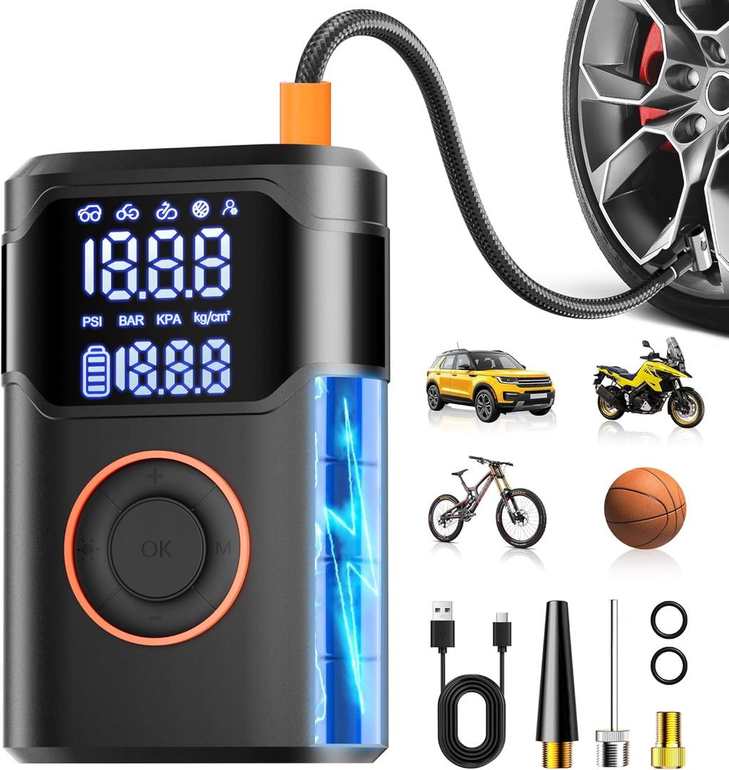 Tire Inflator Portable Air Compressor-150PSI Tire Air Pump, 5X Faster with Digital Gauge, Auto-Off & LED Light, Air Pump for Car Tires, Motorcycle, Bike, Balls & More, Car Gifts for Men Women (black)