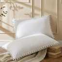 White Pillowcases, Pom Poms Fringe Pillowcases, Pure White Boho Chic Pillow Shams, Ultra Soft Washed Microfiber 2 Pack Pillow Cover (King, White)