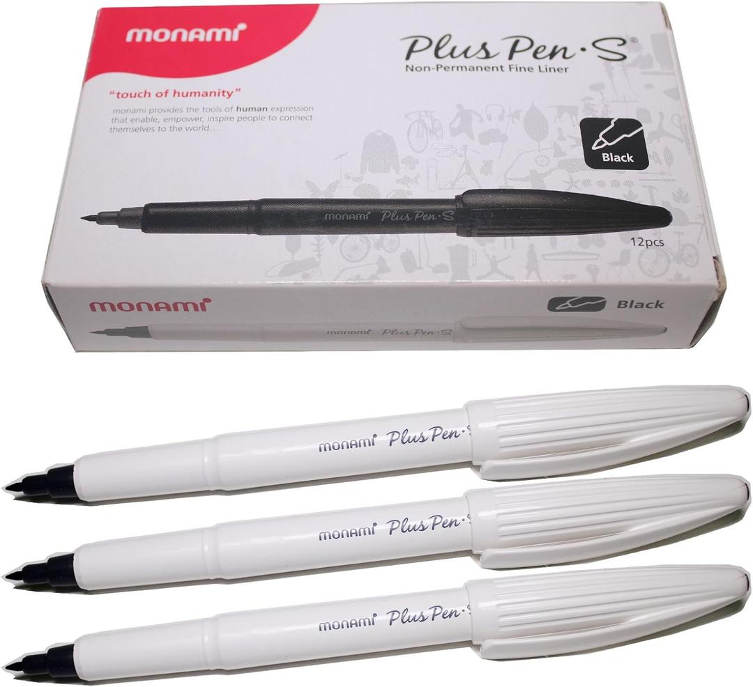 Monami Plus Felt Tip Fine Liner Pen - White Body - Black - Pack of 12