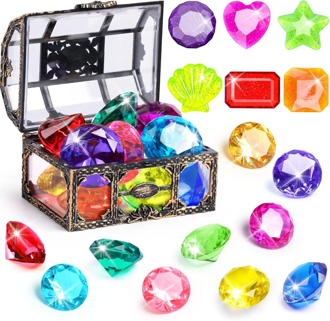 DISHIO Diving Gem Pool Toys 16PCS Large Swimming Pool Toy Set with Pirate Treasure Box Chest for Kids Toddlers Underwater Sinking Dive Gems Colorful Diamond Diving Toys for Swimming Training (16pcs Multi-colored)