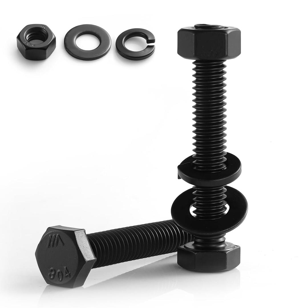 1/4-20 x 3-1/2" Hex Head Screws Bolts,Hex Nuts,Flat & Lock Washers,304 Stainless Steel 18-8,Black Zinc Plated,Fully Threaded(24 Sets)